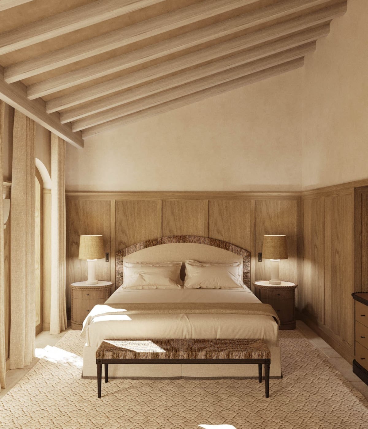 Rendu d'une chambre sous charpente du Mas Bellevue, lit à tête de lit en arc et murs lambrissés de bois
