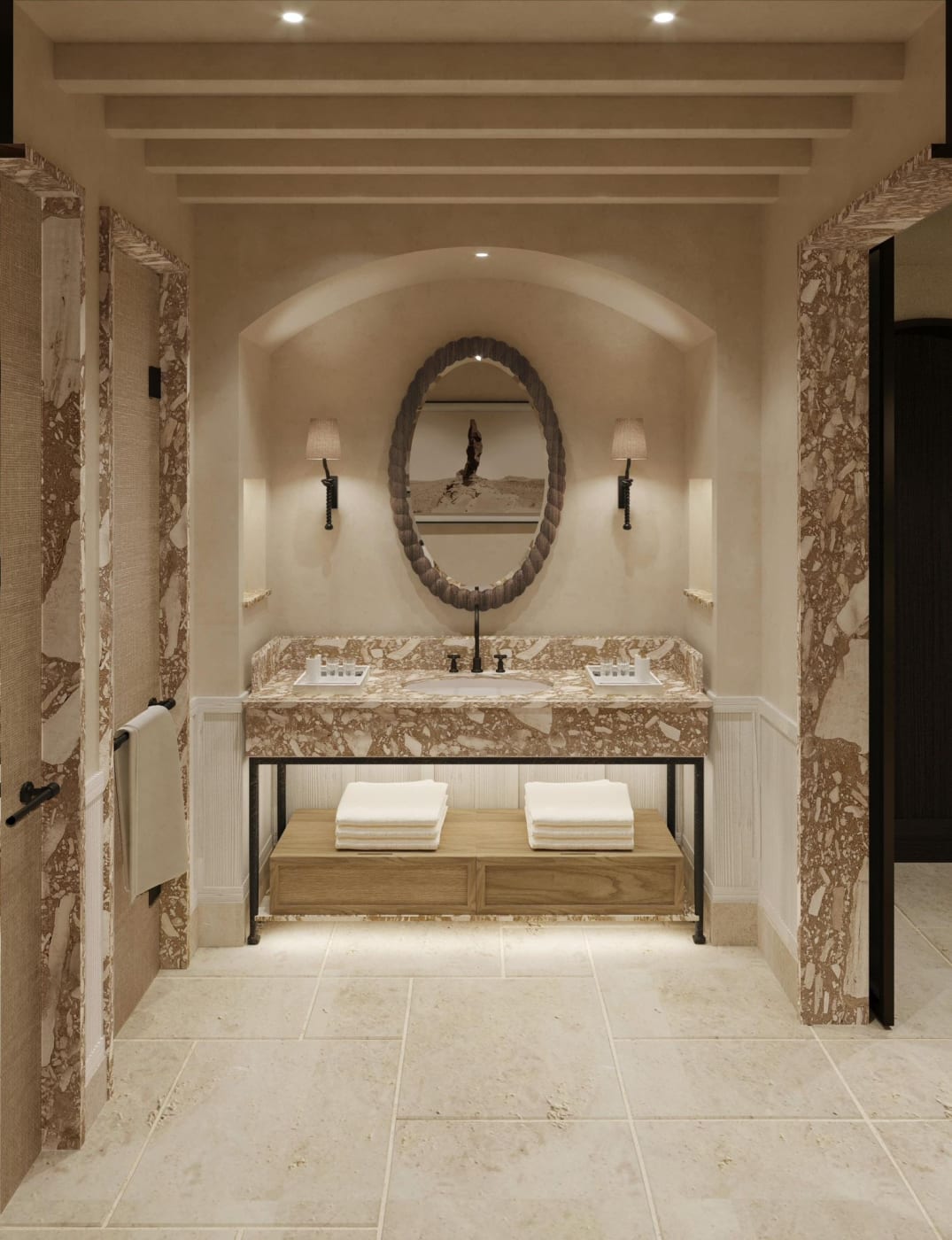 Rendu d'une salle de bains du Mas Bellevue, vasque en marbre veiné, miroir ovale et sol en pierre claire