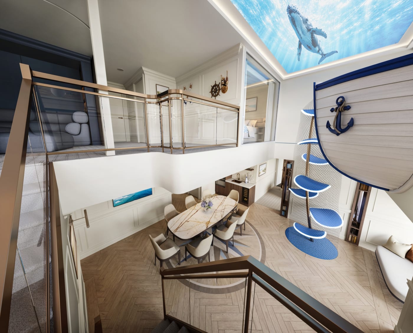 Vue plongeante sur la salle à manger et la tour d'escalade de la Grand Hamptons Villa du MSC World Atlantic (rendu 3D)