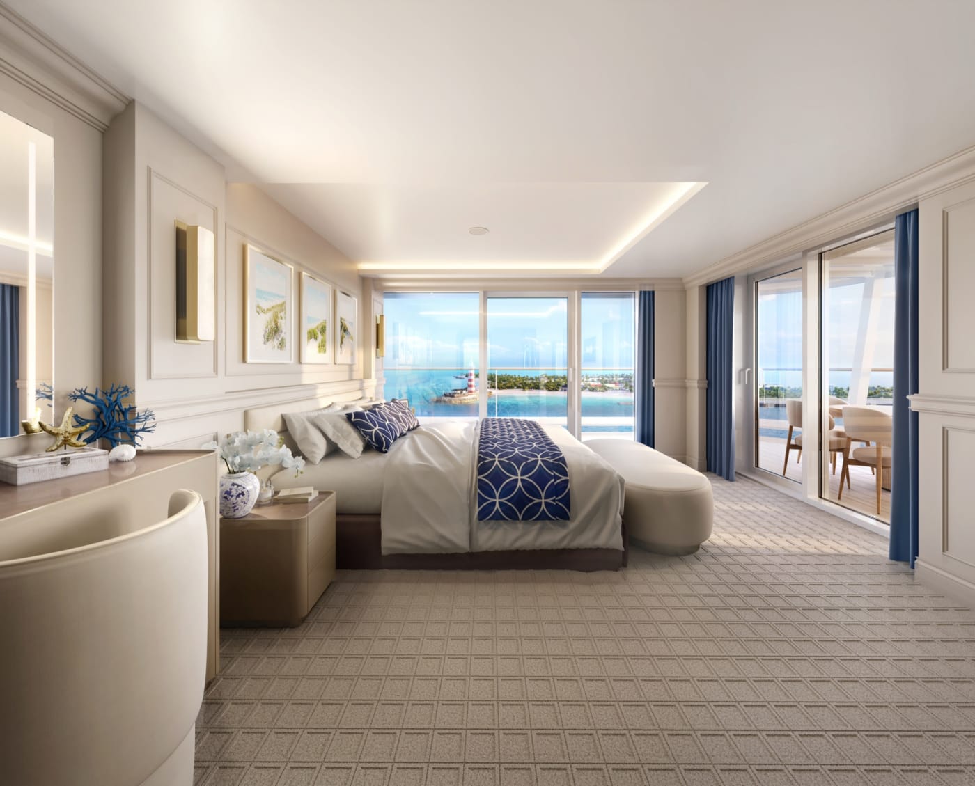 Chambre principale de la Grand Hamptons Villa du MSC World Atlantic avec balcon vue mer (rendu 3D)