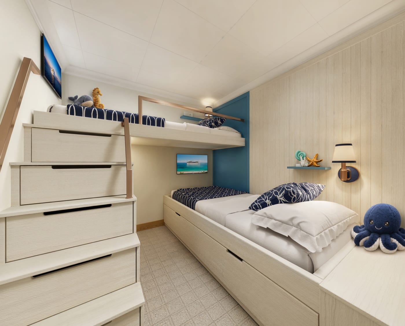 Suite des enfants de la Grand Hamptons Villa du MSC World Atlantic, lits superposés et écrans individuels (rendu 3D)