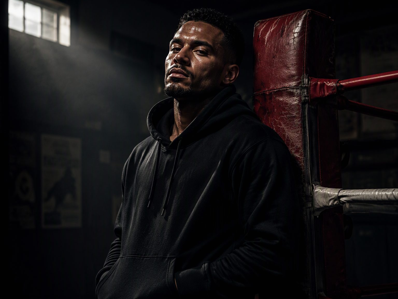 Boxer in a black hoodie leaning on the ring corner