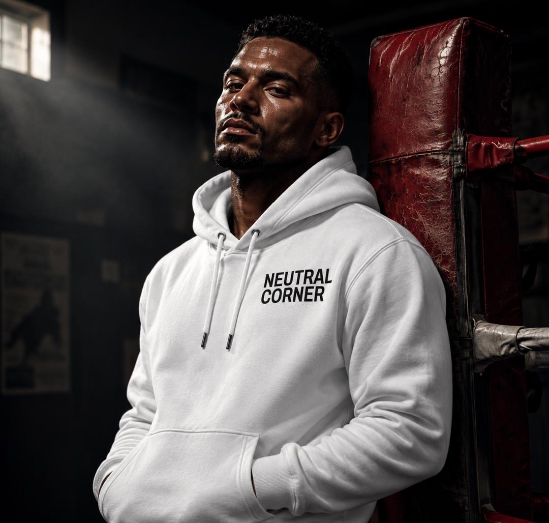 Boxer in a black hoodie leaning on the ring corner