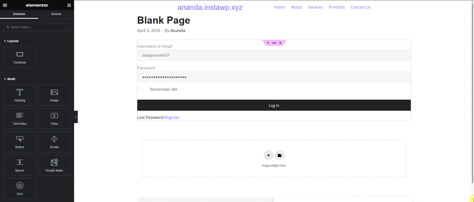 Exported Elementor template using the WP Login & Register widget