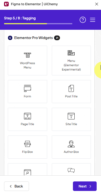 Available Elementor Pro widgets in the UiChemy panel
