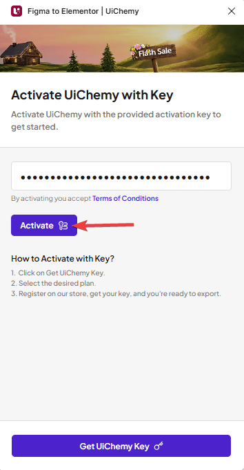 Entering the license key and activating UiChemy in Figma