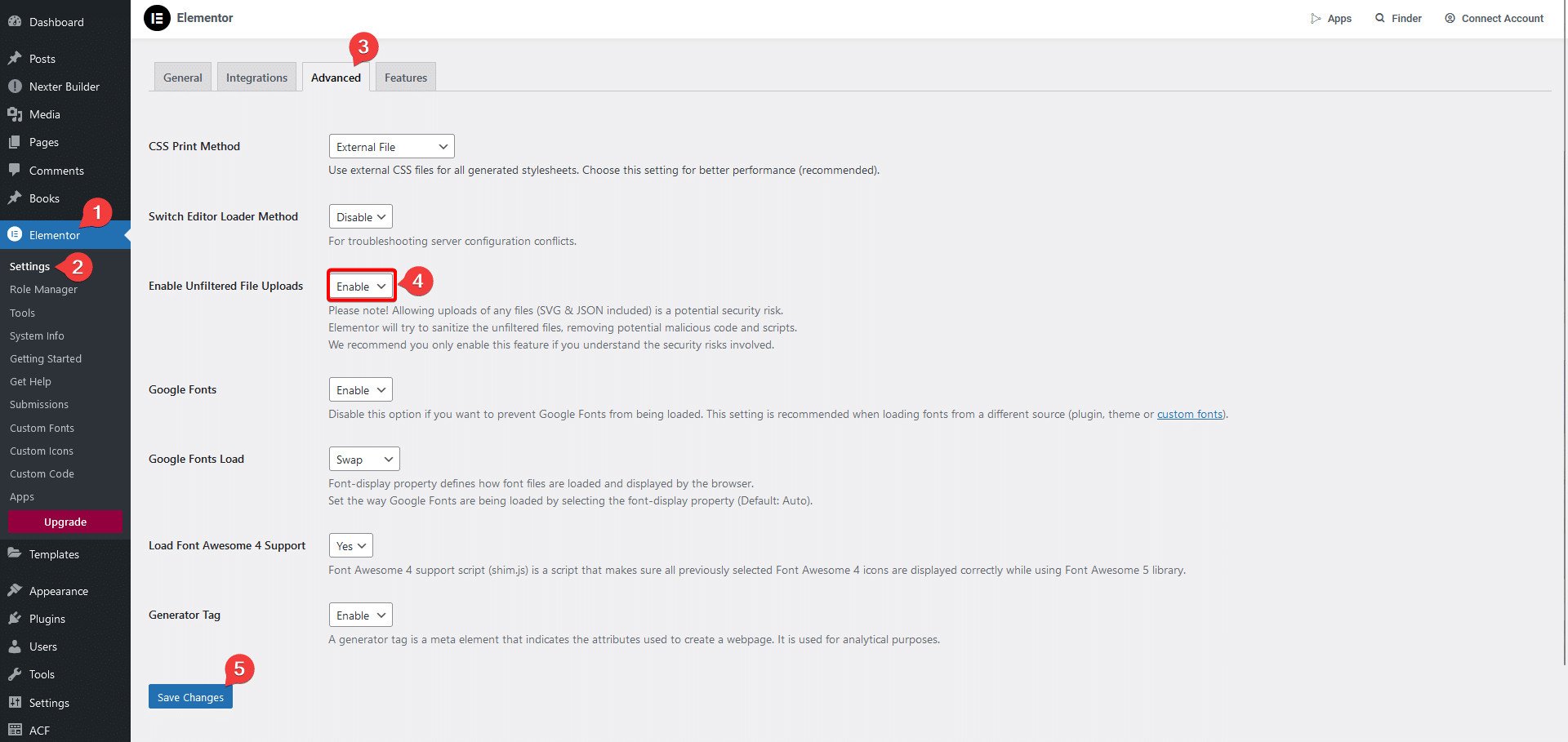 Enabling Unfiltered File Uploads in Elementor's Advanced settings
