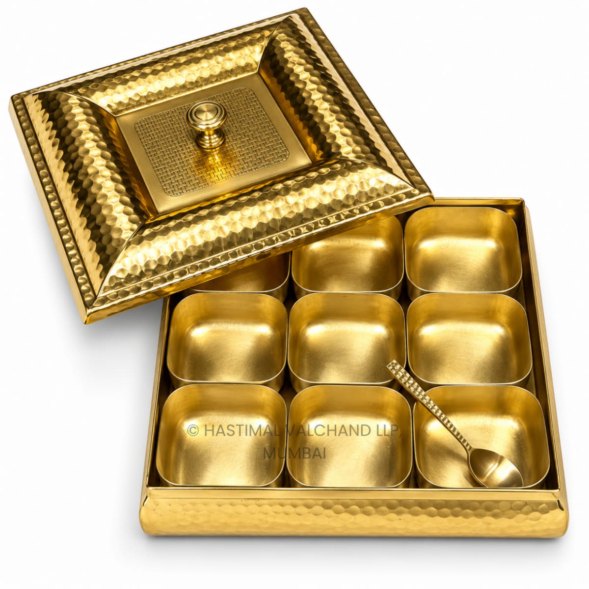Brass Checked Masala Box (Square)