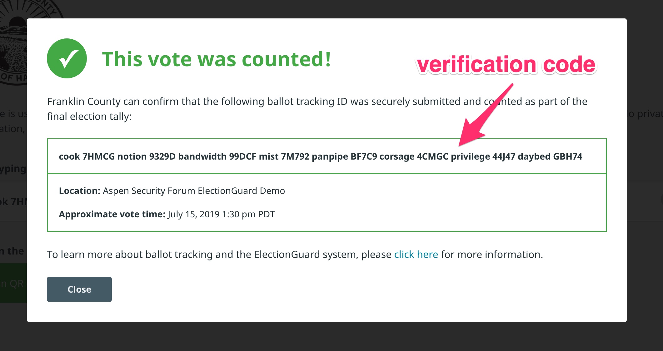 Sample ElectionGuard verification code output by tracking site