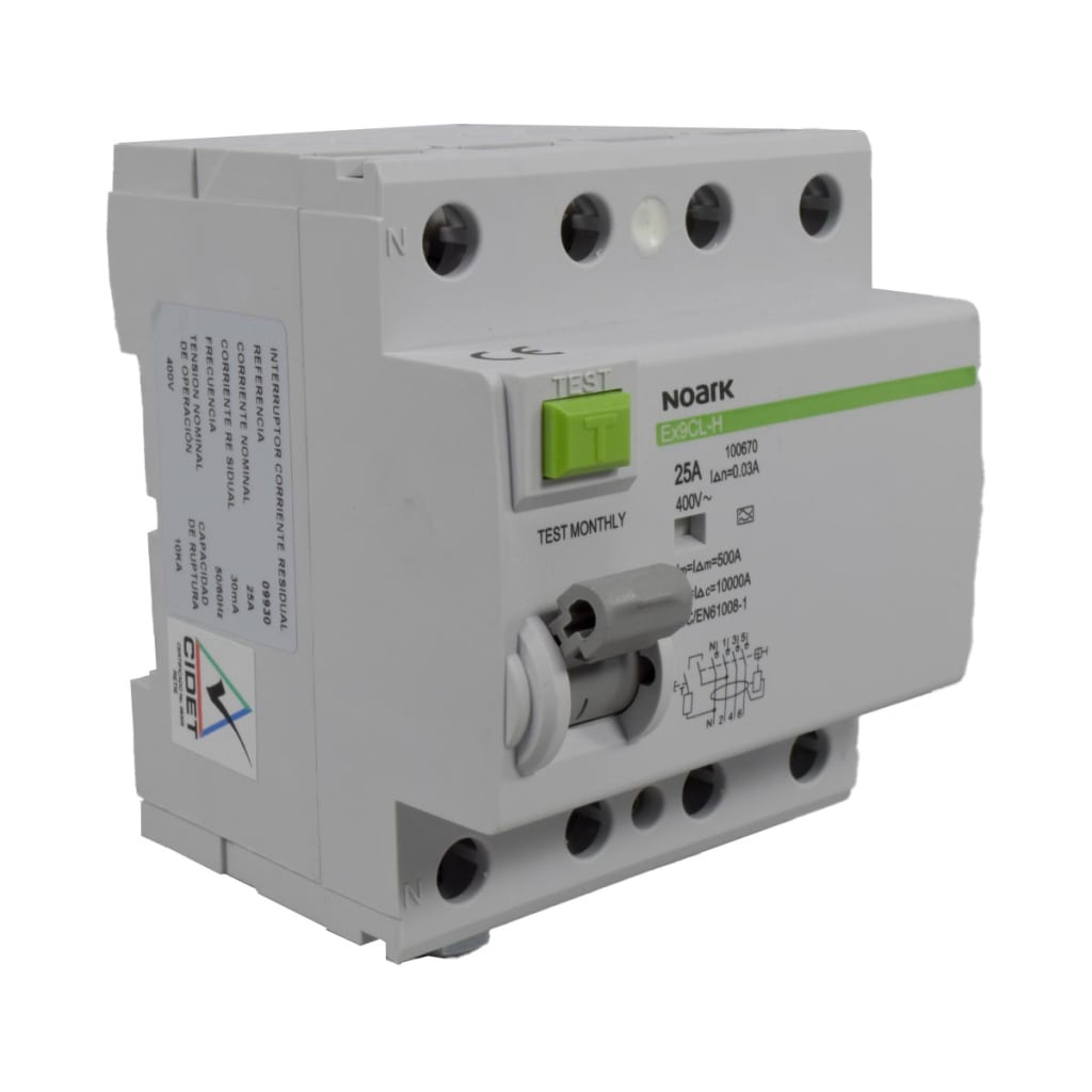 BREAKER DIFERENCIAL 25A, 10KA, CORRIENTE RESIDUAL DE 30MA, 4 POLOS.
