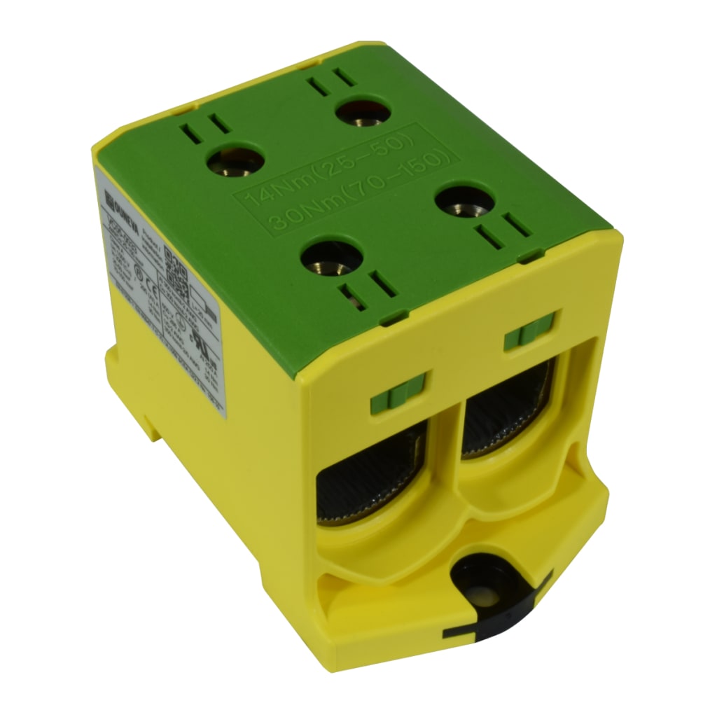 CONECTOR SERIE OTL COBRE / ALUMINIO, AISLADO, 2 CONEXIONES AL/CU 25 A 150MM2 COLOR VERDE/AMARILLO, UN  1000V AC/DC, IN 320A(CU)/290A(AL)
