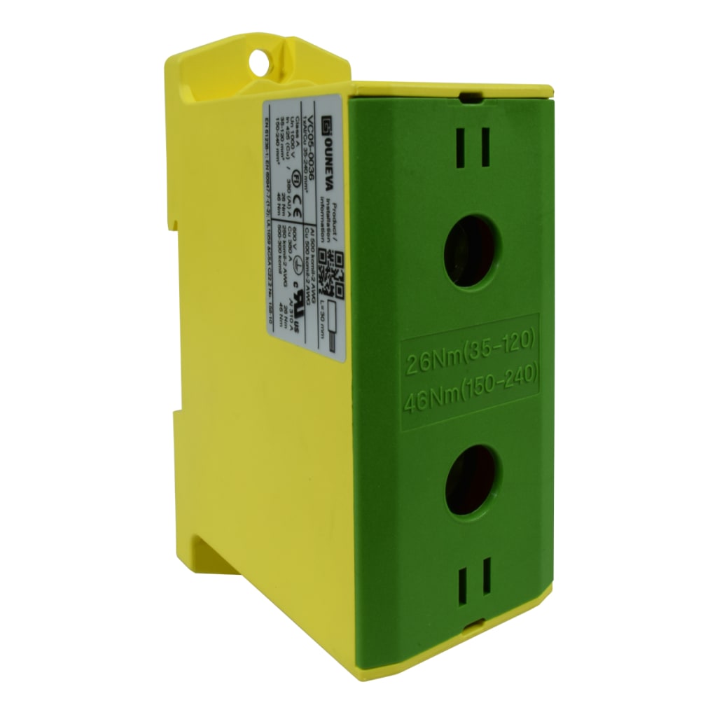 CONECTOR SERIE OTL COBRE / ALUMINIO, AISLADO, 1 CONEXIÓN AL/CU 35 A 240MM2 COLOR VERDE/AMARILLO, UN  1000V AC/DC, IN 425A(CU)/380A(AL) APROBACION UL