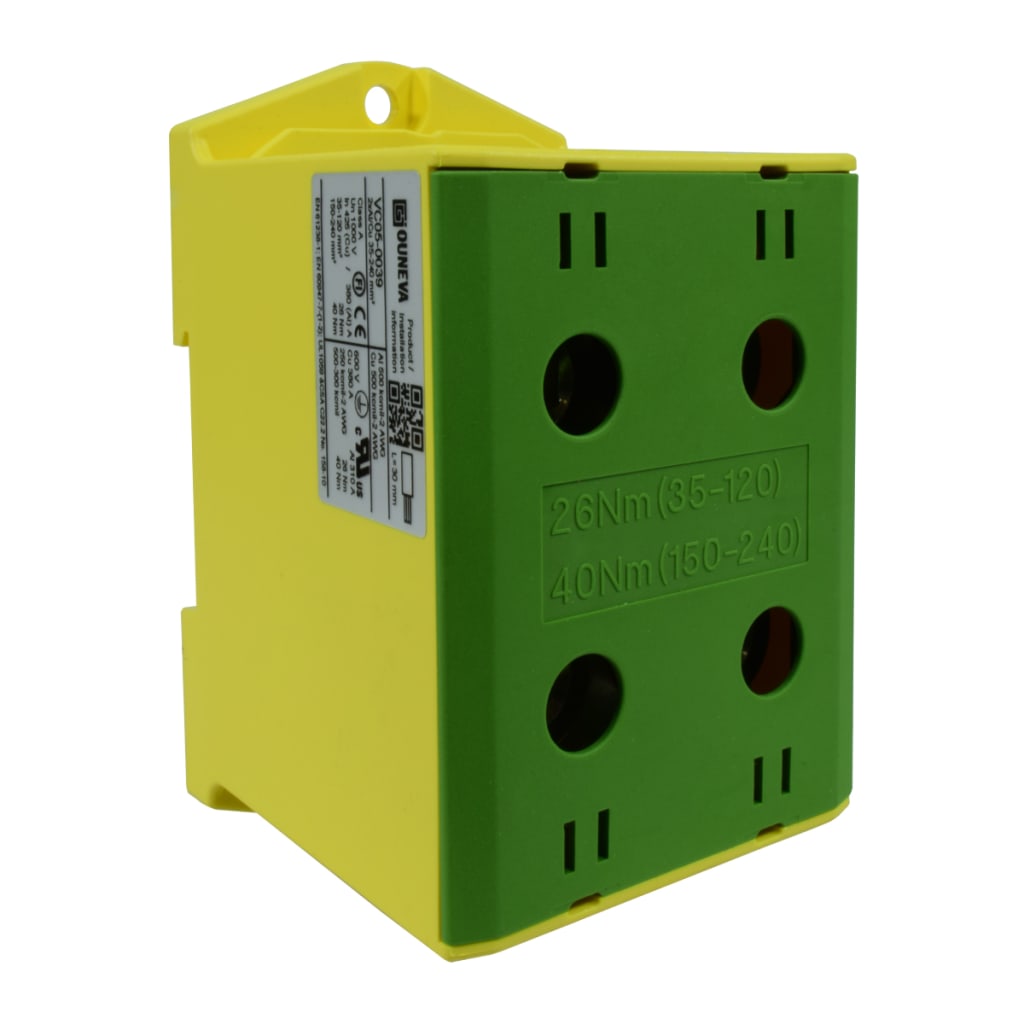 CONECTOR SERIE OTL COBRE / ALUMINIO, AISLADO, 2 CONEXIONES AL/CU 35 A 240MM2 COLOR VERDE / AMARILLO, UN  1000V AC/DC, IN 425A(CU)/380A(AL)