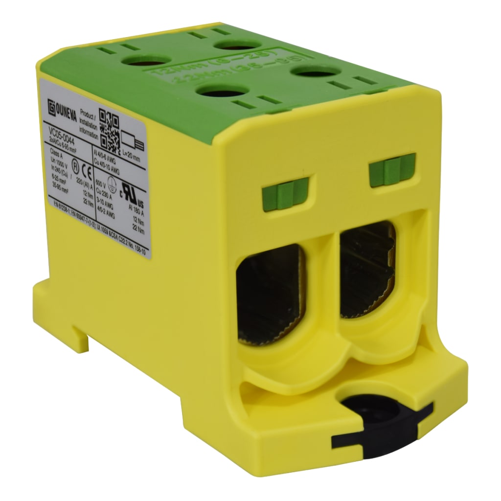 CONECTOR SERIE OTL COBRE / ALUMINIO, AISLADO, 2 CONEXIONES AL/CU 6 A 95MM2 COLOR VERDE/AMARILLO, UN  1000V AC/DC, IN 245A(CU)/220A(AL) APROBACION UL