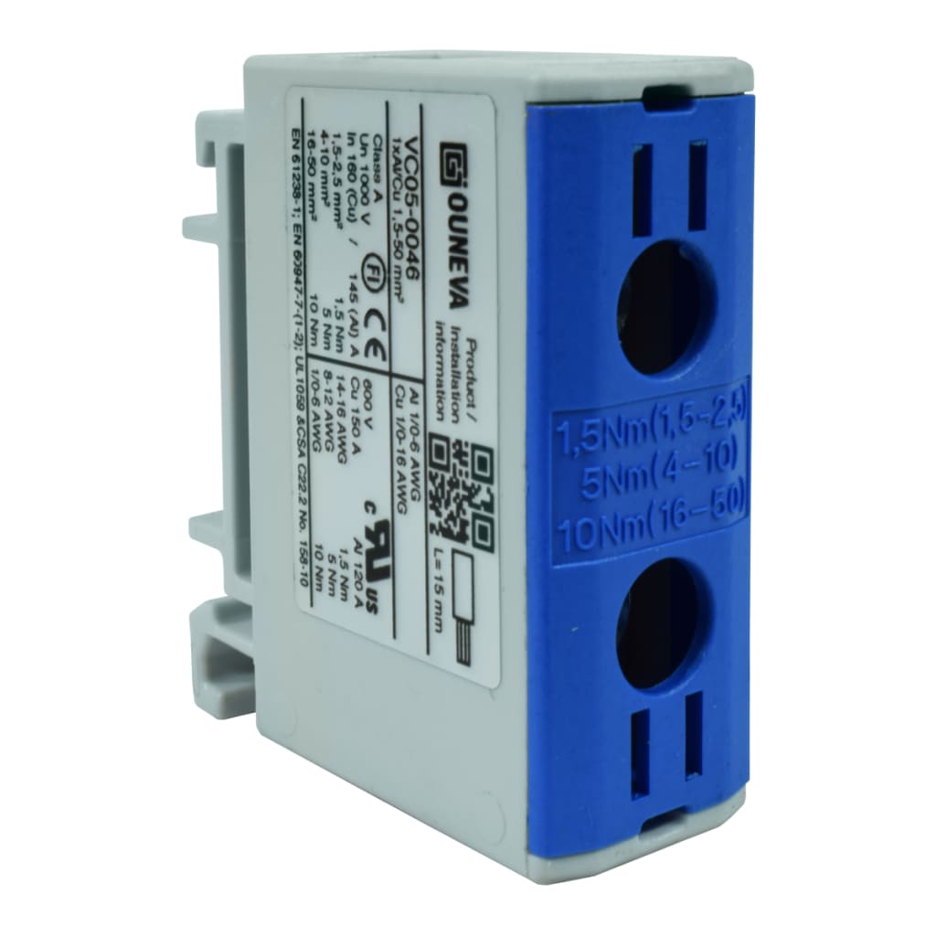 CONECTOR SERIE OTL COBRE / ALUMINIO, AISLADO, 1 CONEXIÓN AL/CU 1,5 A 50MM2 COLOR AZUL, UN  1000V AC/DC, IN 160A(CU)/145A(AL) APROBACION UL