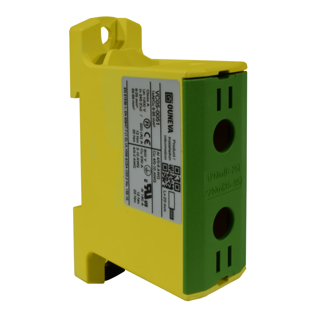 CONECTOR SERIE OTL COBRE / ALUMINIO, AISLADO, 1 CONEXIÓN AL/CU 6 A 95MM2 COLOR VERDE/AMARILLO, UN  1000V AC/DC, IN 245A(CU)/220A(AL) APROBACION UL