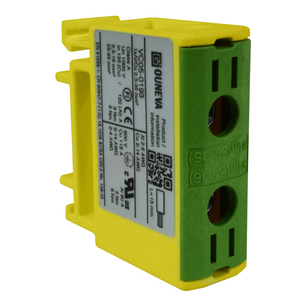 CONECTOR SERIE OTL COBRE / ALUMINIO, AISLADO, 1 CONEXIÓN AL/CU 2,5 A 50MM2 COLOR VERDE/AMARILLO, UN  1000V AC/DC, IN 135A(CU)/120A(AL) APROBACION UL