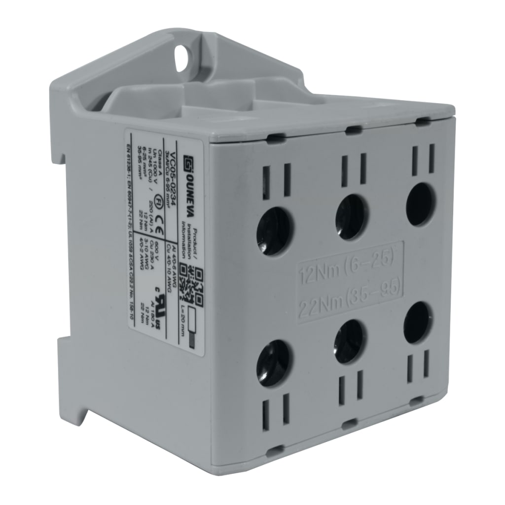 CONECTOR SERIE OTL  COBRE / ALUMINIO, AISLADO, 3 CONEXIONES  AL/CU 6 A 95MM2 COLOR GRIS, UN  1000V AC/DC, IN 245A(CU)/220A(AL), APROBACION UL.