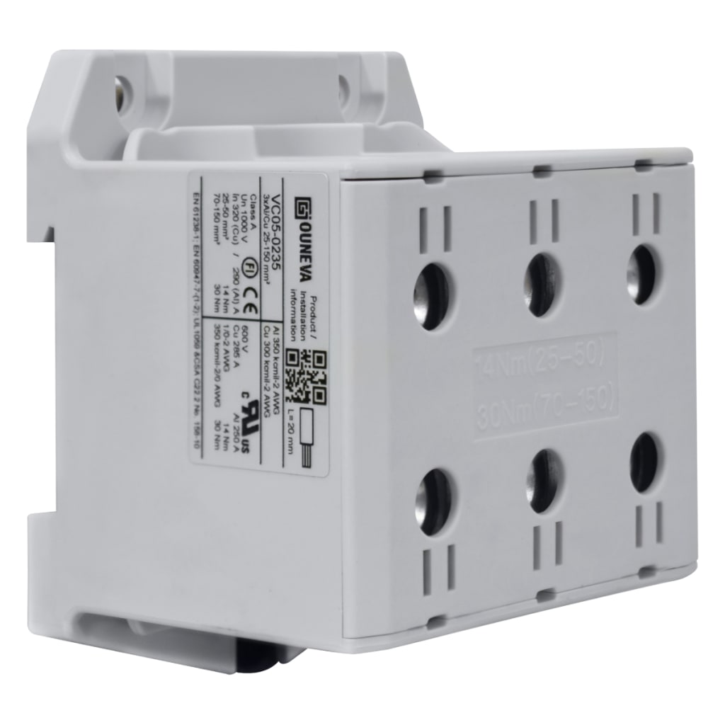 CONECTOR SERIE OTL  COBRE / ALUMINIO, AISLADO, 3 CONEXIONES  AL/CU 25 A 150MM2 COLOR GRIS, UN  1000V AC/DC, IN 320A(CU)/290A(AL), APROBACION UL.