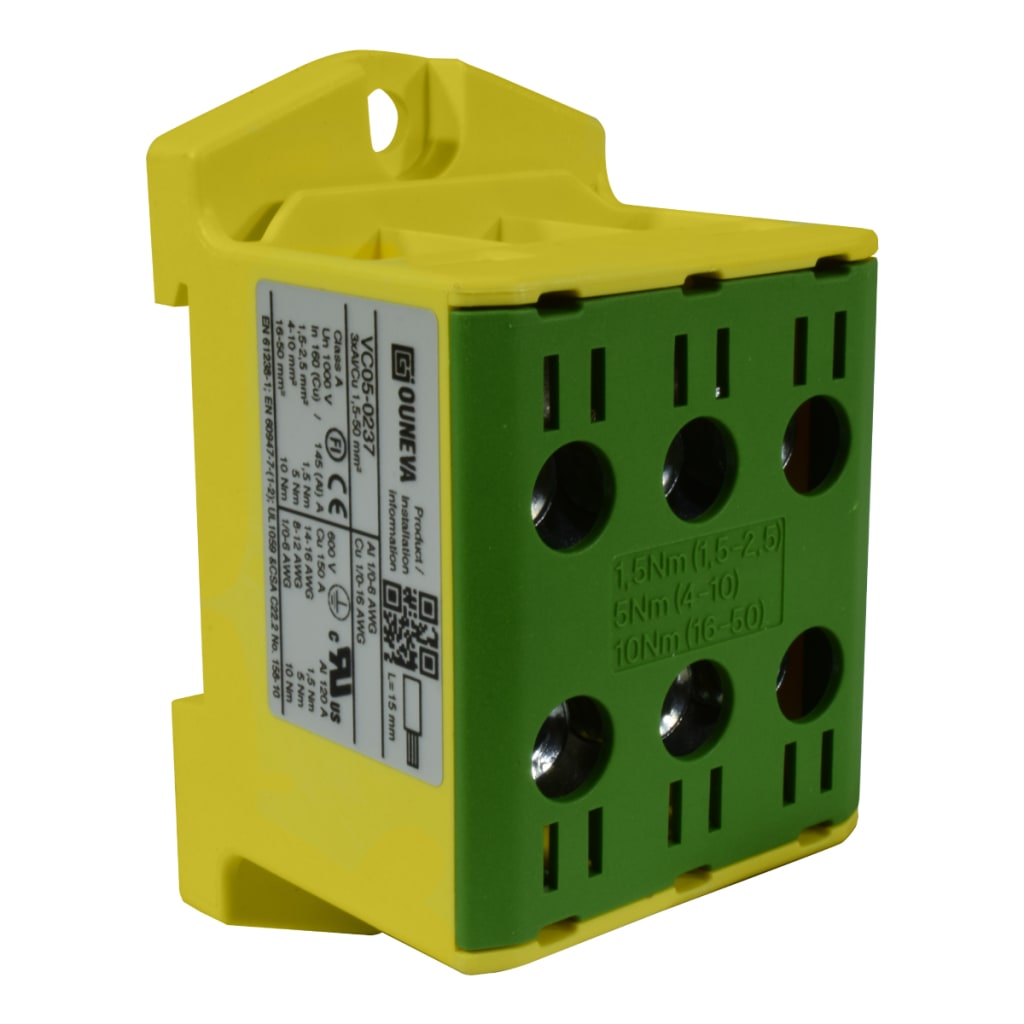 CONECTOR SERIE OTL  COBRE / ALUMINIO, AISLADO, 3 CONEXIONES  AL/CU 1.5 A 50MM2 COLOR AMARILLO/VERDE, UN  1000V AC/DC, IN 160A(CU)/145A(AL), APROBACION UL.