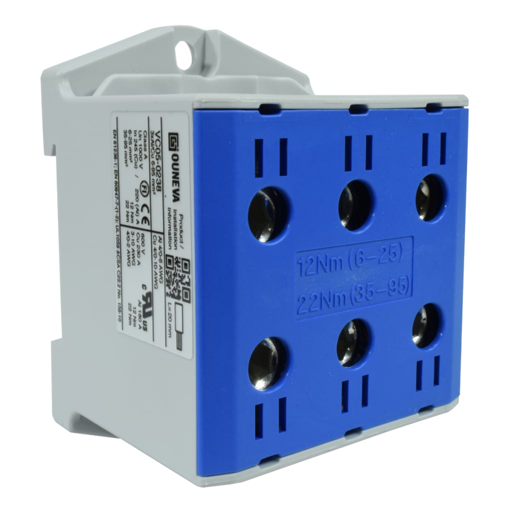 CONECTOR SERIE OTL  COBRE / ALUMINIO, AISLADO, 3 CONEXIONES  AL/CU 6 A 95MM2 COLOR AZUL, UN  1000V AC/DC, IN 245A(CU)/220A(AL), APROBACION UL.