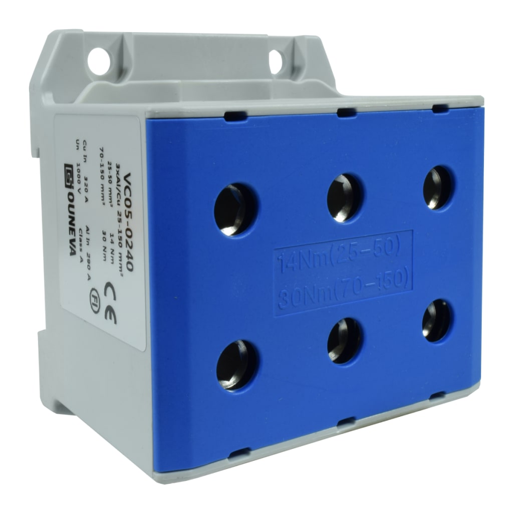 CONECTOR SERIE OTL  COBRE / ALUMINIO, AISLADO, 3 CONEXIONES  AL/CU 25 A 150MM2 COLOR AZUL, UN  1000V AC/DC, IN 320A(CU)/290A(AL), APROBACION UL.