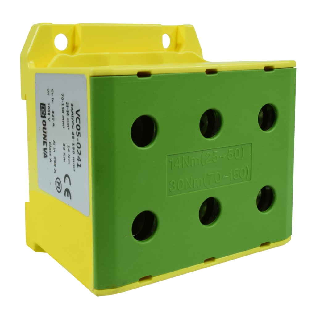 CONECTOR SERIE OTL  COBRE / ALUMINIO, AISLADO, 3 CONEXIONES  AL/CU 25 A 150MM2 COLOR AMARILLO/VERDE, UN  1000V AC/DC, IN 320A(CU)/290A(AL), APROBACION UL.