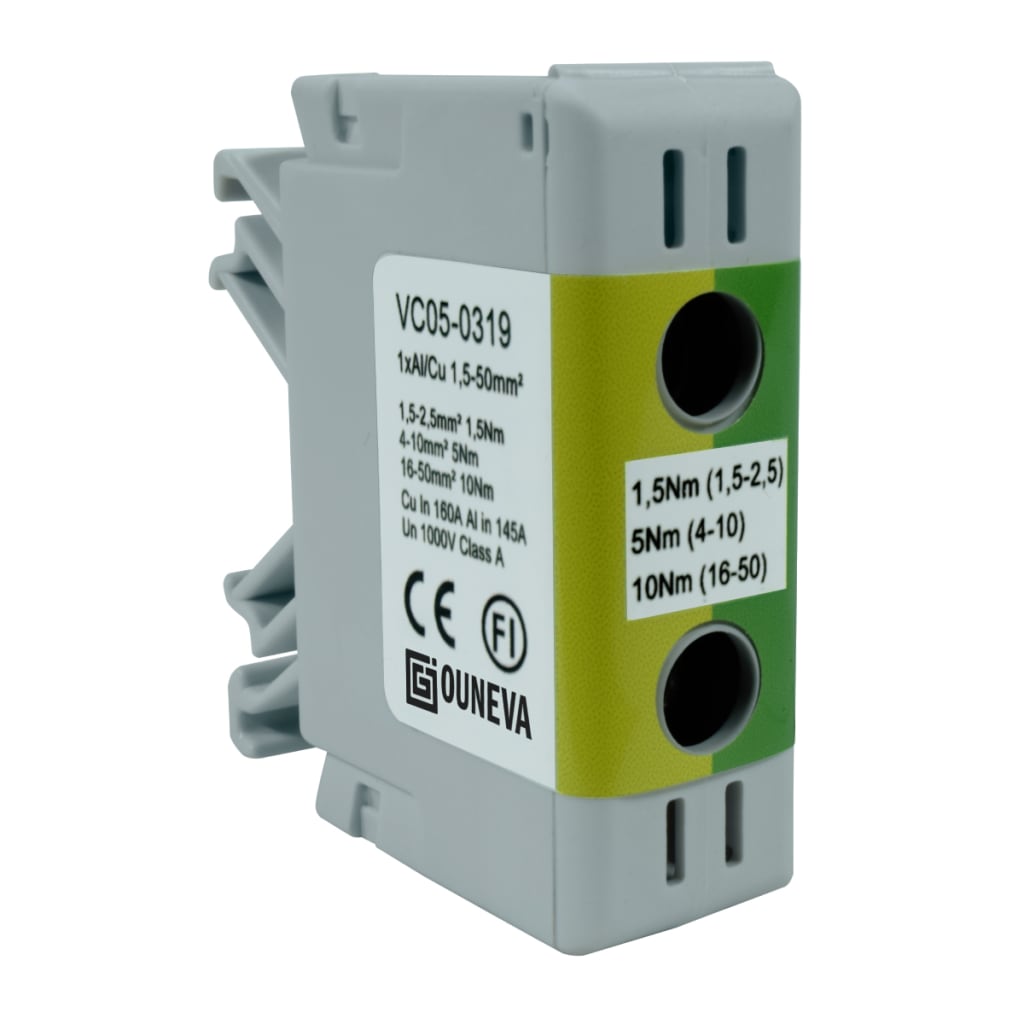 CONECTOR SERIE OTL COBRE / ALUMINIO, AISLADO, 1 CONEXIÓN AL/CU 1,5 A 50MM2 COLOR VERDE/AMARILLO, UN  1000V  AC/DC, IN 160A(CU)/145A(AL).
