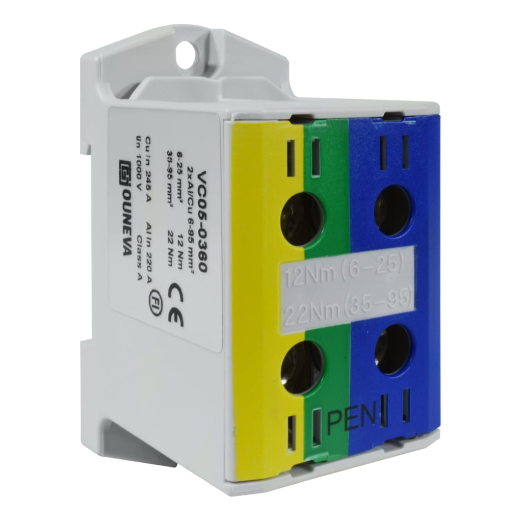 CONECTOR SERIE OTL COBRE / ALUMINIO, AISLADO, 2 CONEXIONES AL/CU 6 A 95 MM2 COLOR AZUL, AMARILLO/VERDE, UN  1000V AC/DC, IN 245A(CU)/220A(AL) APROBACIÓN CE