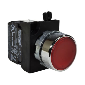 PULSADOR ILUMINADO 22 MM METÁLICO, COLOR ROJO, 1NC, PILOTO 100-230VAC