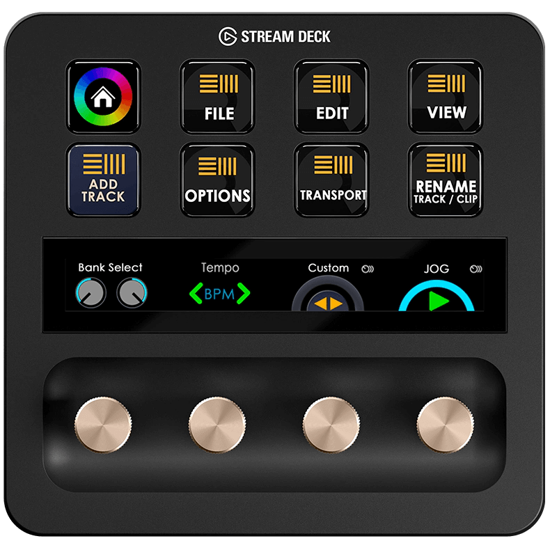 Vista frontal del Elgato Stream Deck+ con pantalla táctil y cuatro diales