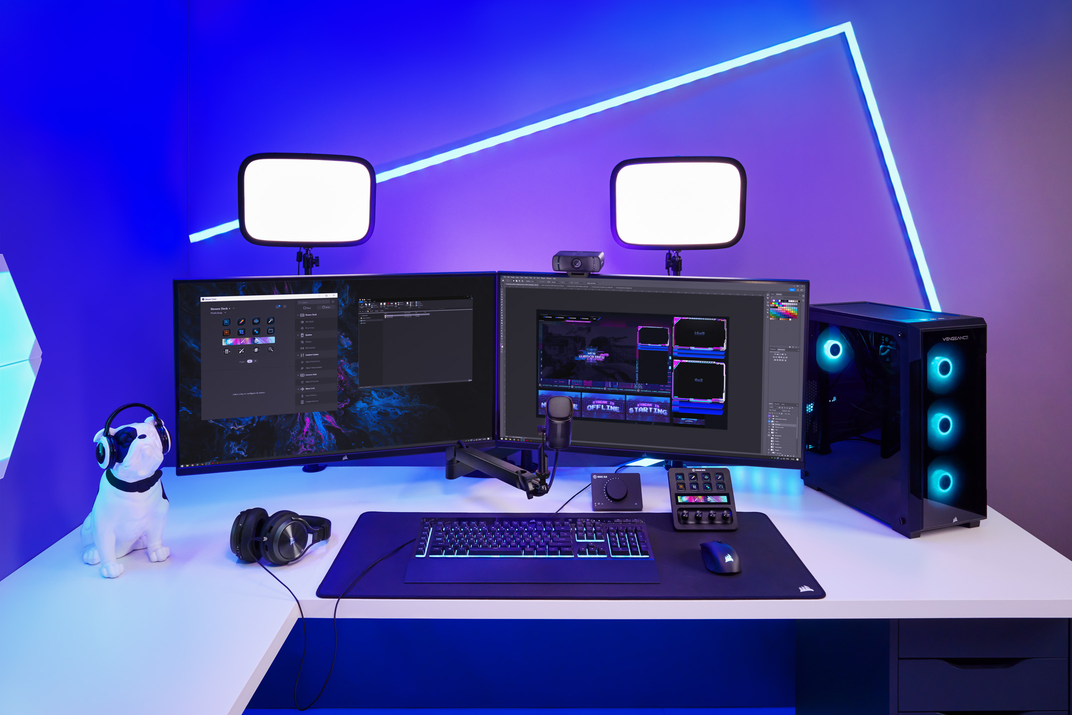 Streamer setup featuring two Key Lights, Facecam Pro, Wave DX, Wave XLR and Stream Deck +