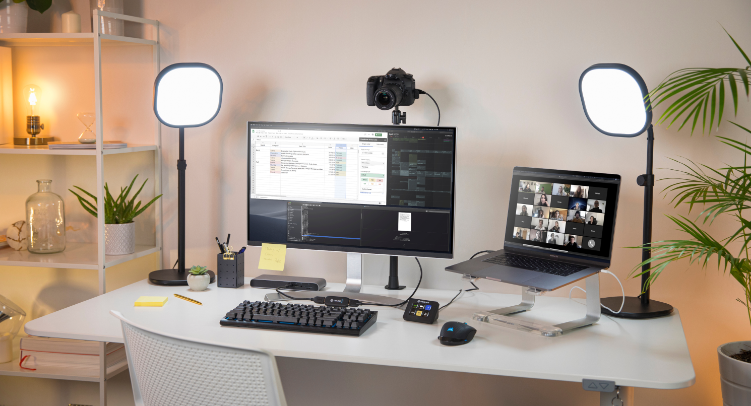 Home office setup with Elgato products as an ecosystem featuring Cam Link 4K, Master Mount, Key Light Air and Stream Deck Mini