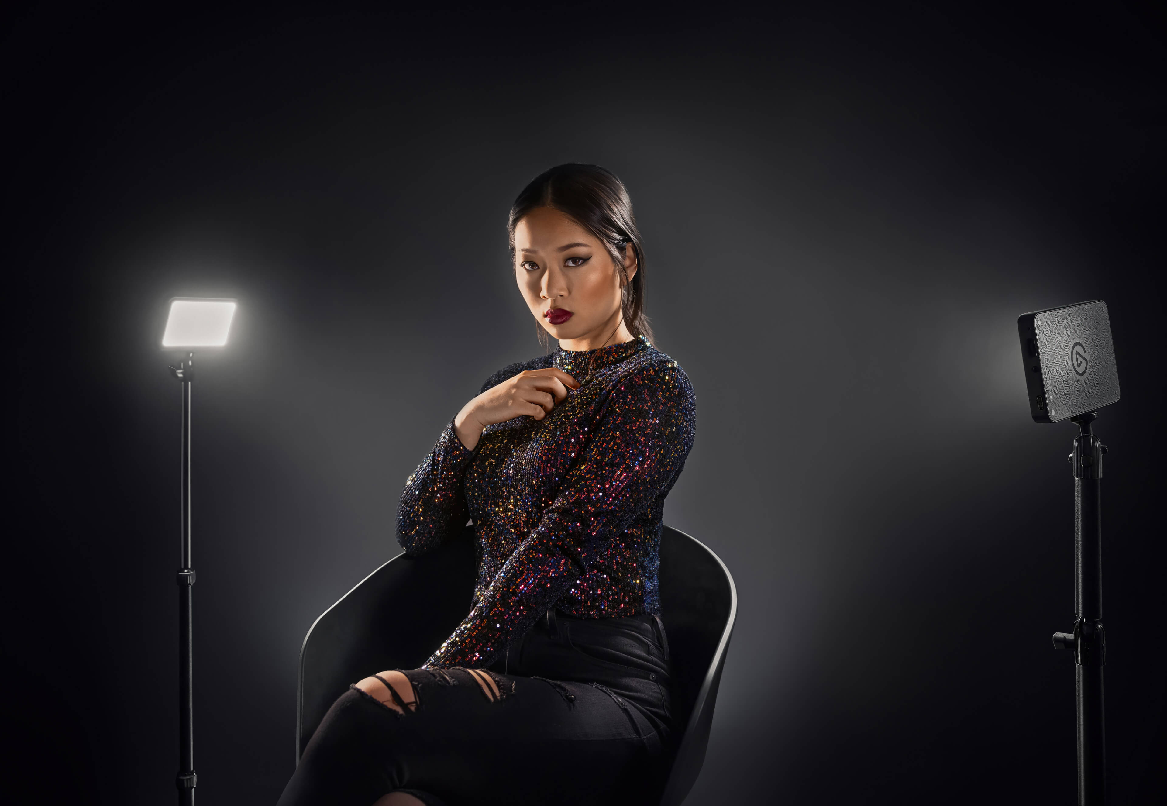 Photoshoot of a model with Key Light Mini being used as a source of lighting