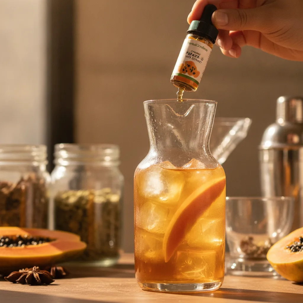 hand pouring papaya seed liquid extract for recipe