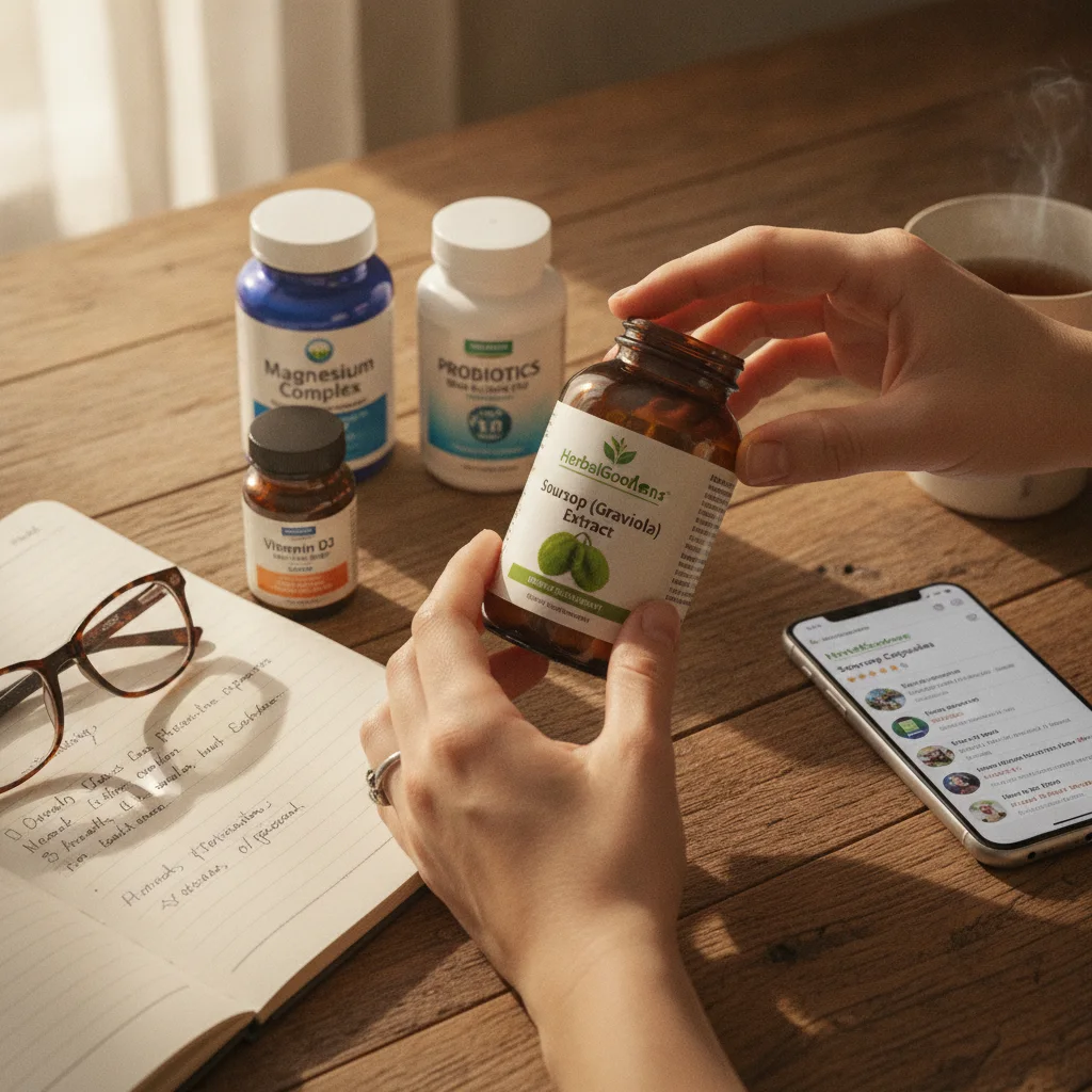 comparing supplement bottles and online reviews