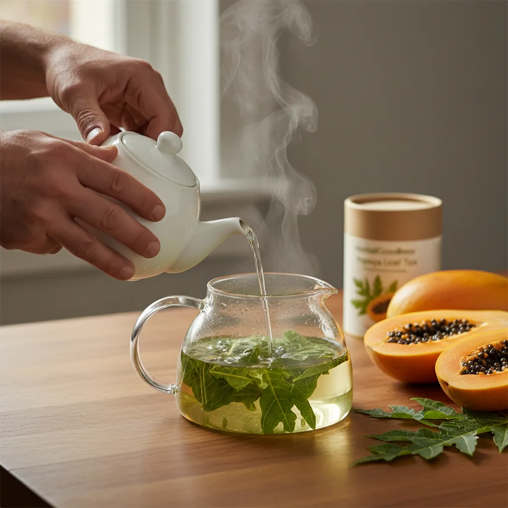 Dried papaya leaves and hot tea cup on wood
