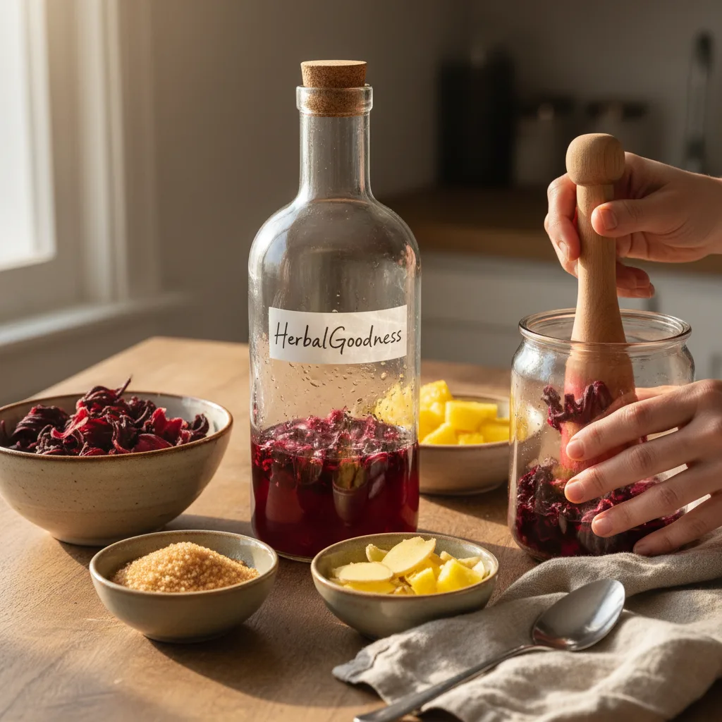 hibiscus fermentation jar on counter