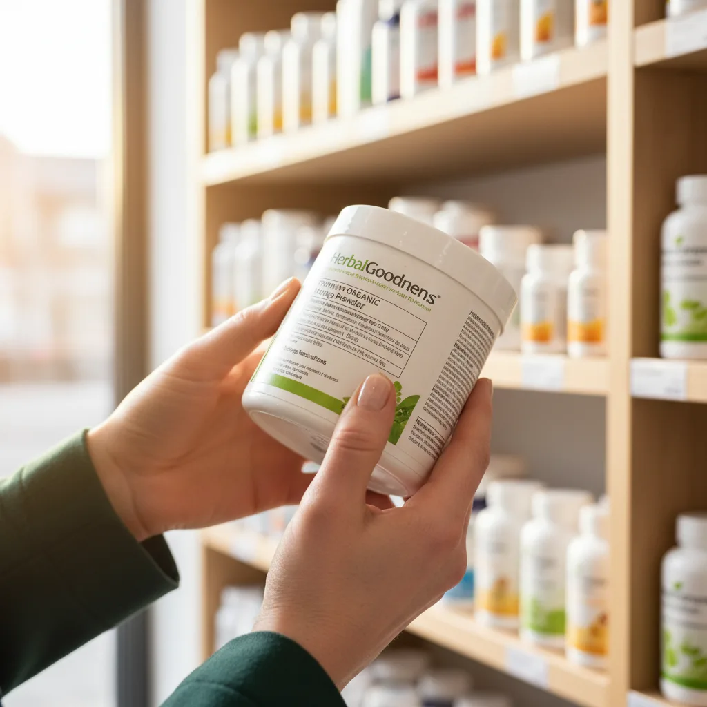 Reading moringa powder labels on Holland & Barrett shelves