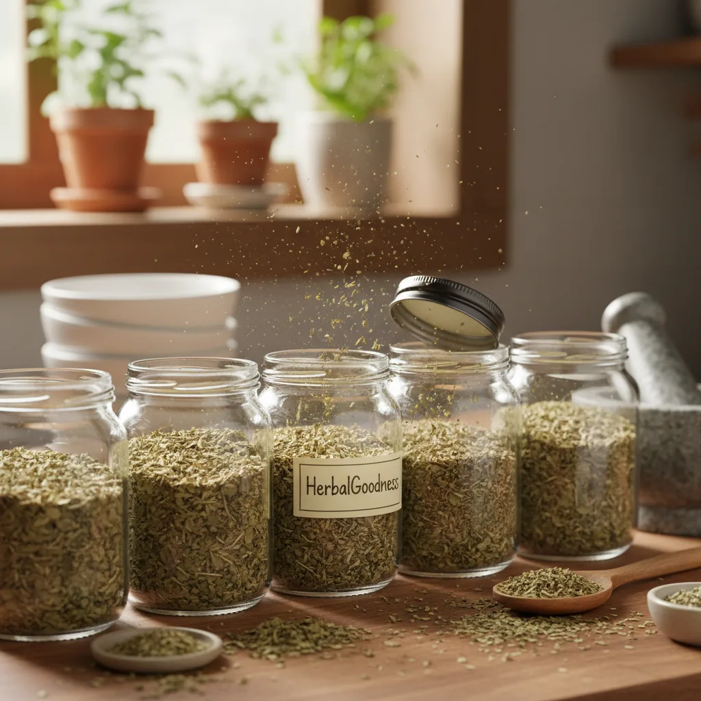 Dry oregano leaves and glass jar