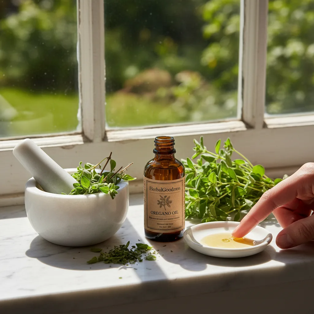Oregano oil dropper with fresh herbs