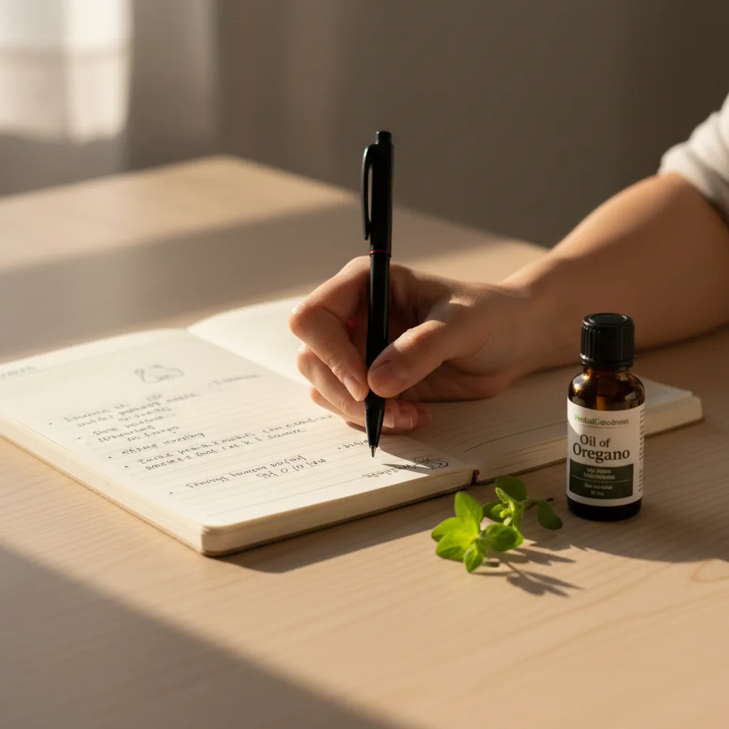 oil of oregano bottle and herbal table