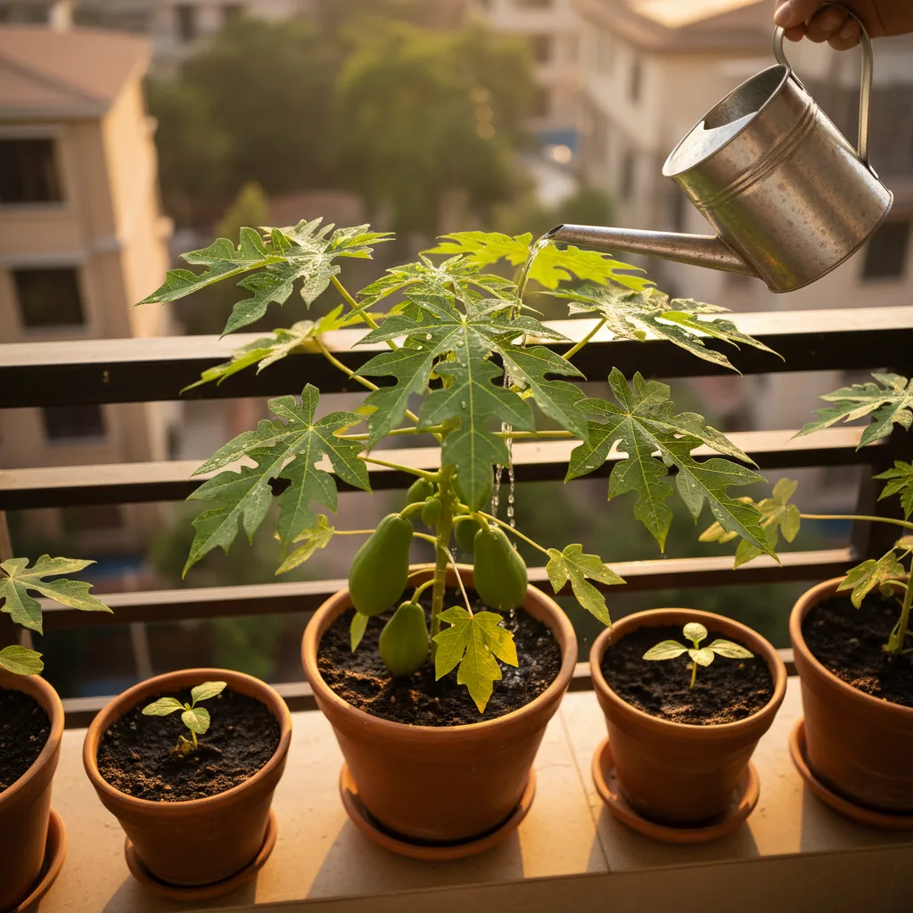 Healthy papaya tree in container