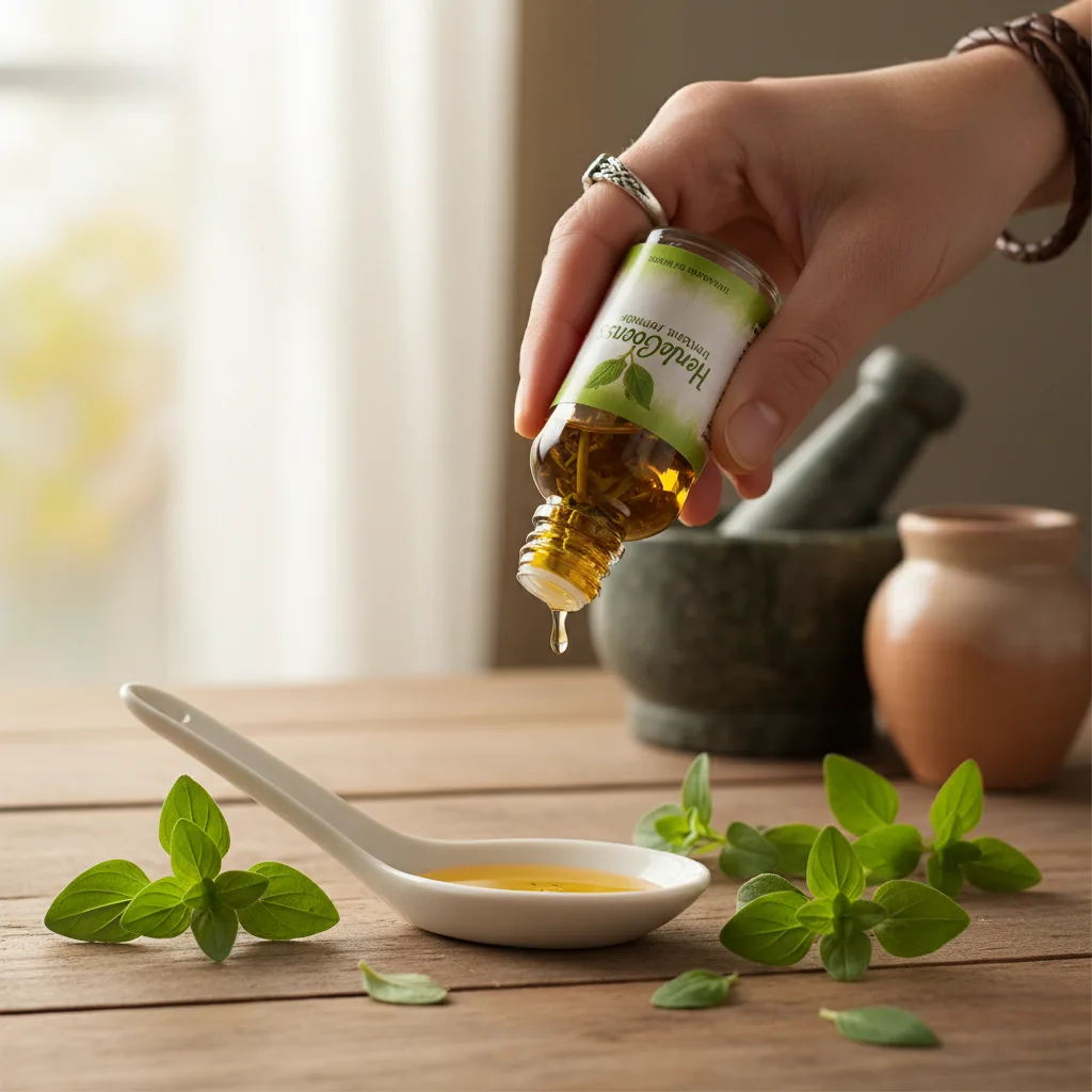 Oregano oil bottles and leaves