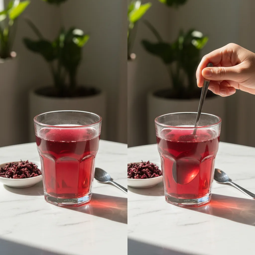 brewed hibiscus tea in glass cup