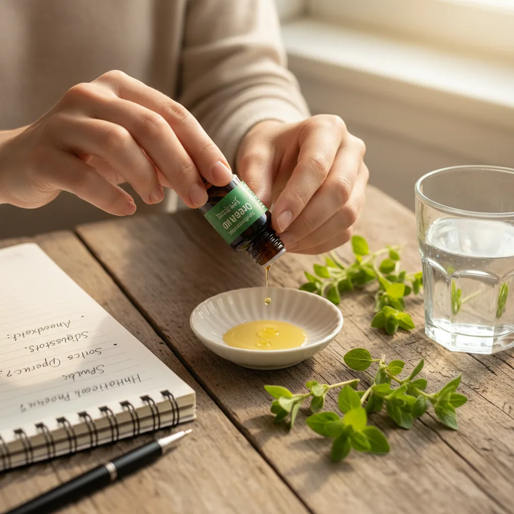 oil of oregano bottle on natural backdrop
