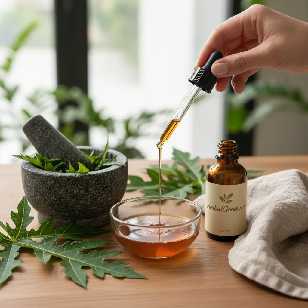 Mixing papaya leaf tea with carrier oils and botanicals