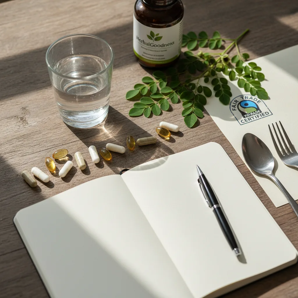 Powdered moringa capsules open to show inside