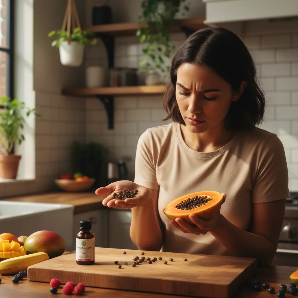 papaya seeds in a wooden bowl