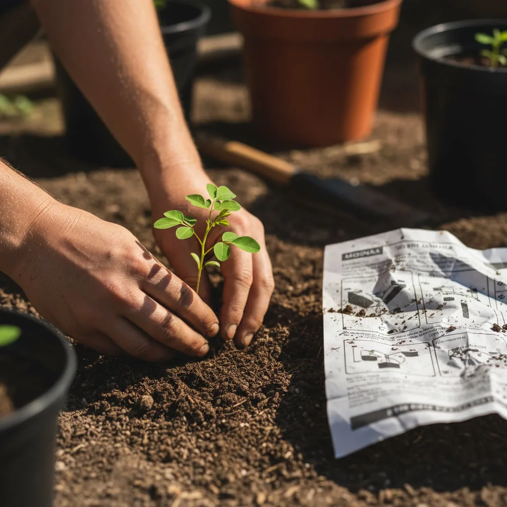 Young Moringa Seedling Growing in Rich Soil
